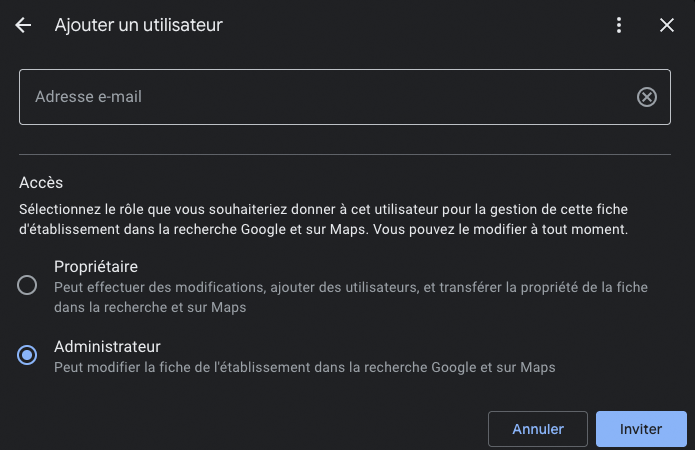Étape 5 - saisissez l'e-mail et choisissez Administrateur